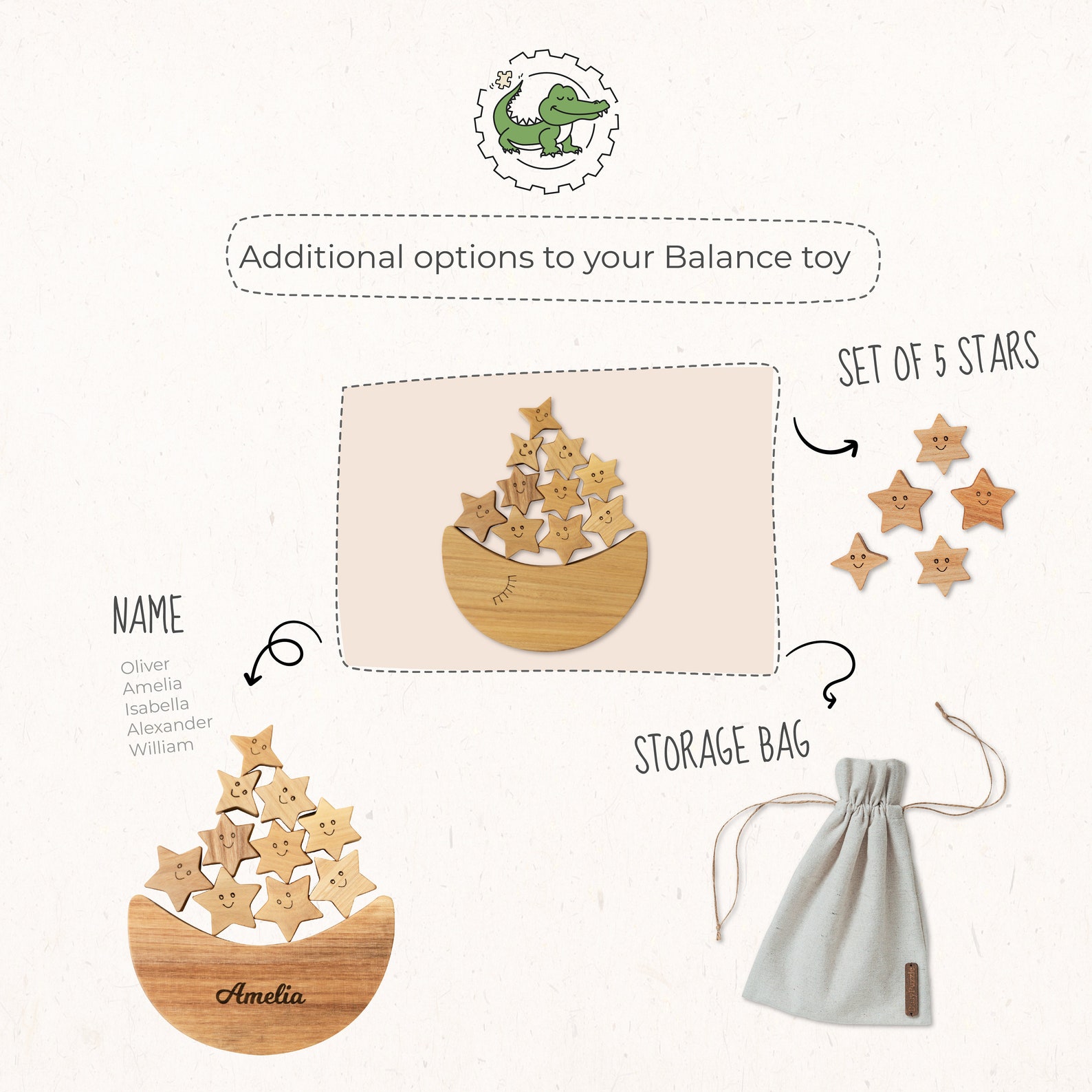 Personalized Moon & Stars Montessori Balancing Toy – Wooden Building Blocks for Baby Girls & Kids Birthday Presents