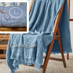 Personalized Muslin Throw Blanket Embroidered Message, Monogrammed Comfort