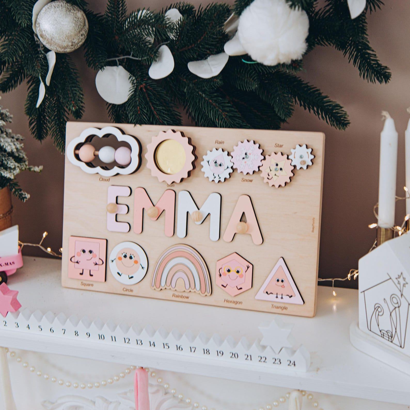 Personalized Name Puzzle – Montessori Toy with Shapes & Numbers – Baby’s First Birthday & Easter Present