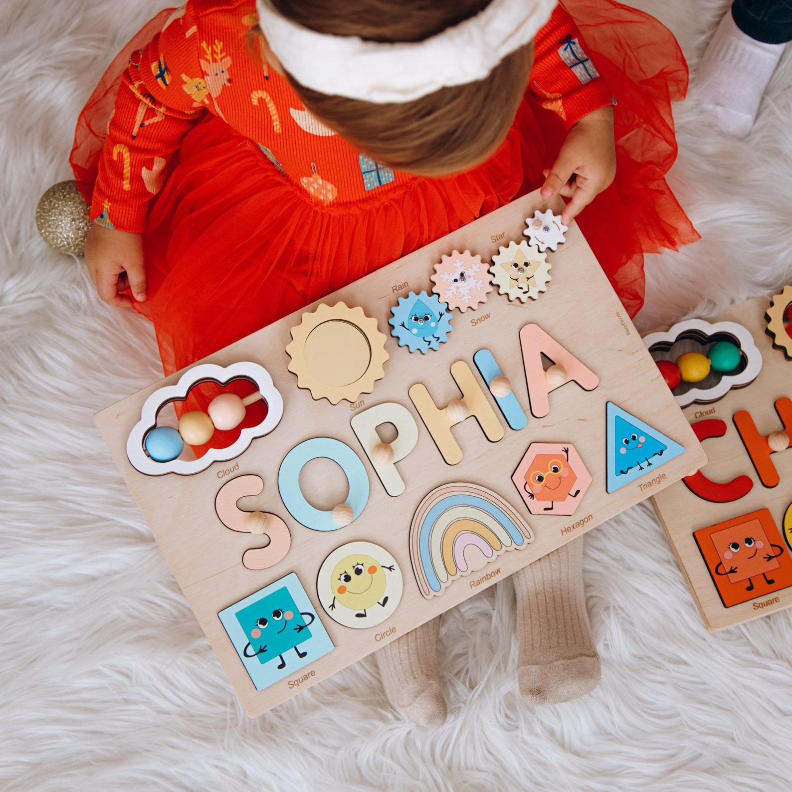 Personalized Name Puzzle  Boho Kids Toy with Shapes & Numbers – 1st Birthday Present, Educational & Fun!