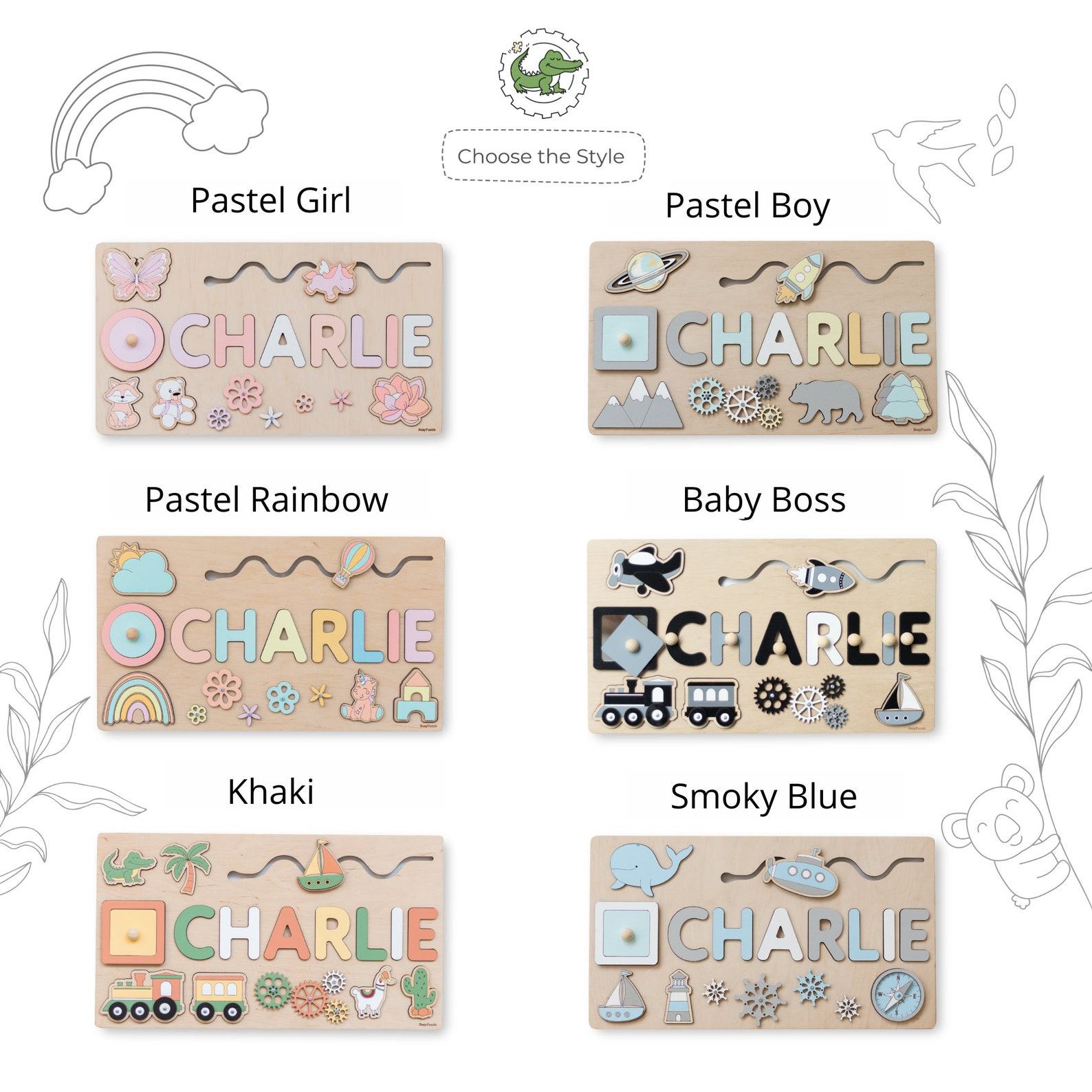 Personalized Name Puzzle for Boys – Montessori Wooden Toy, Khaki Nursery Decor – Custom Birthday Present