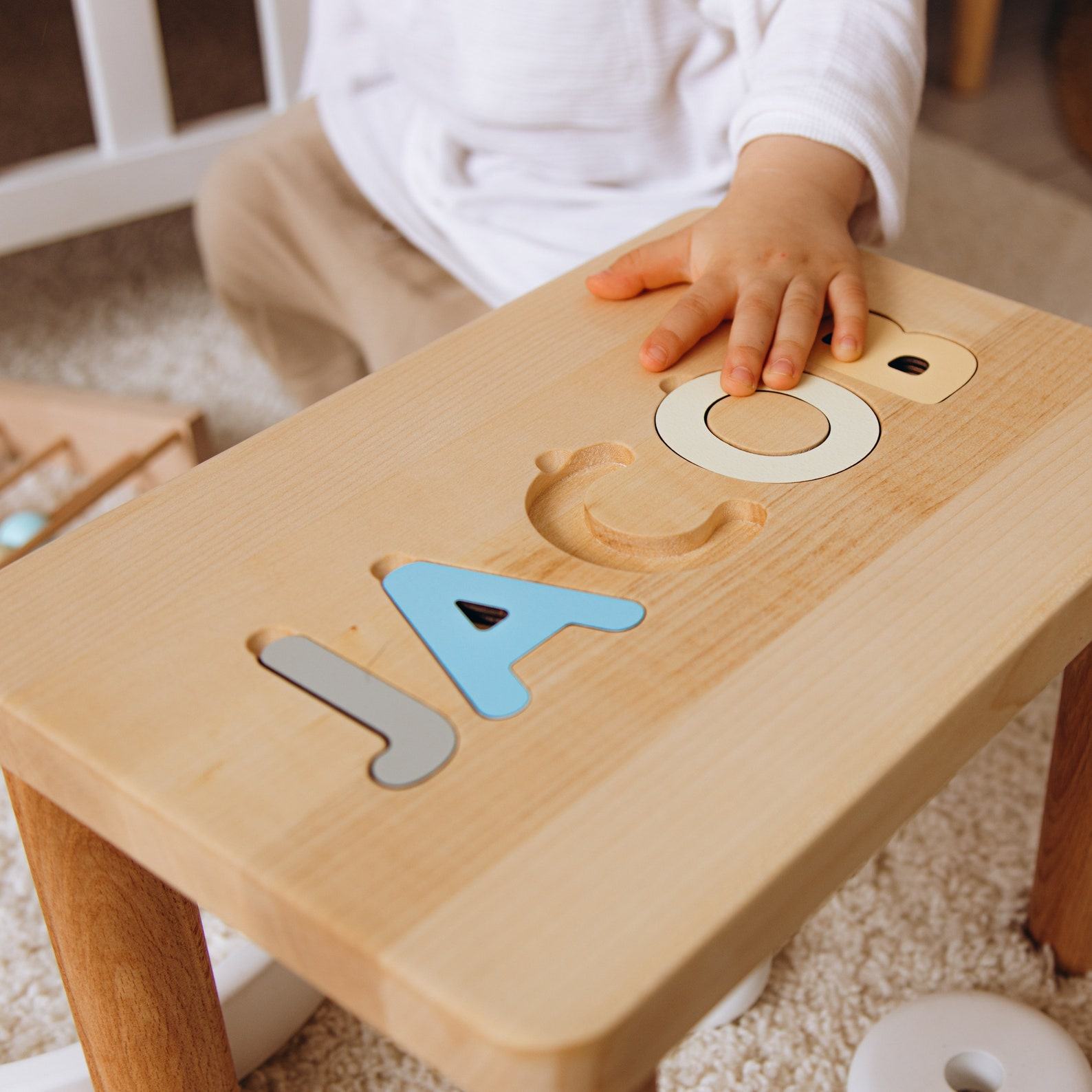 Personalized Name Puzzle Stool – Montessori Wooden Step Stool for Toddlers – Custom 1st Birthday & Nursery Decor