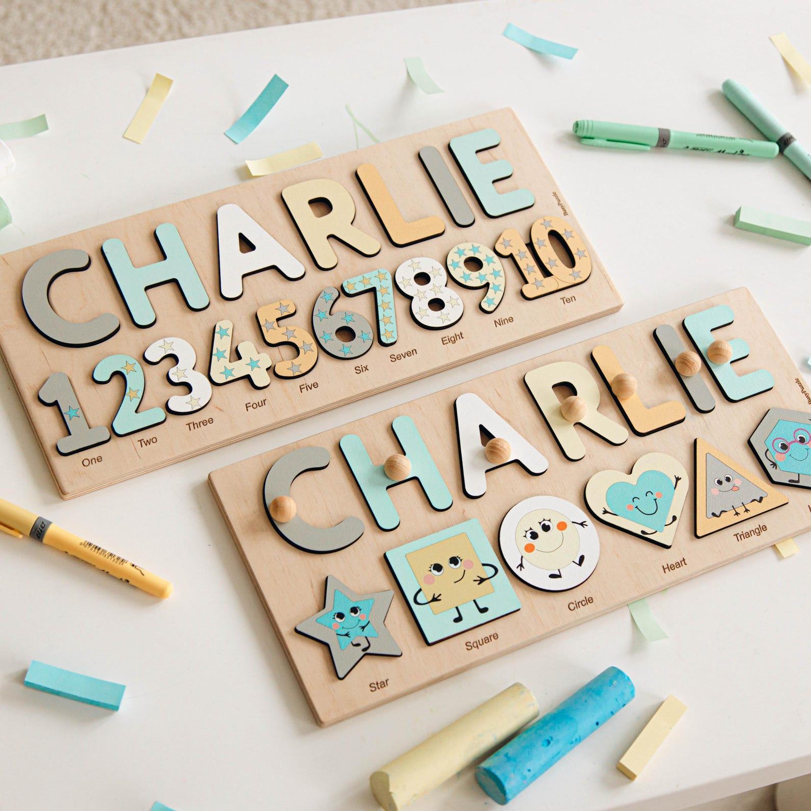 Personalized Name Puzzle with Pegs – Montessori Wooden Toy, Baby Shower Present & Number Learning