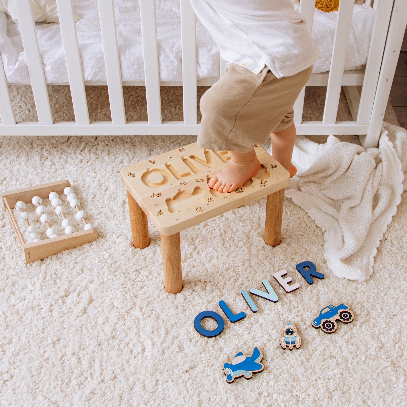 Personalized Name Step Stool Montessori Toy, Nursery Decor, Toddler Item, Baptism Boy Item, Name Puzzle with Cars and Planes
