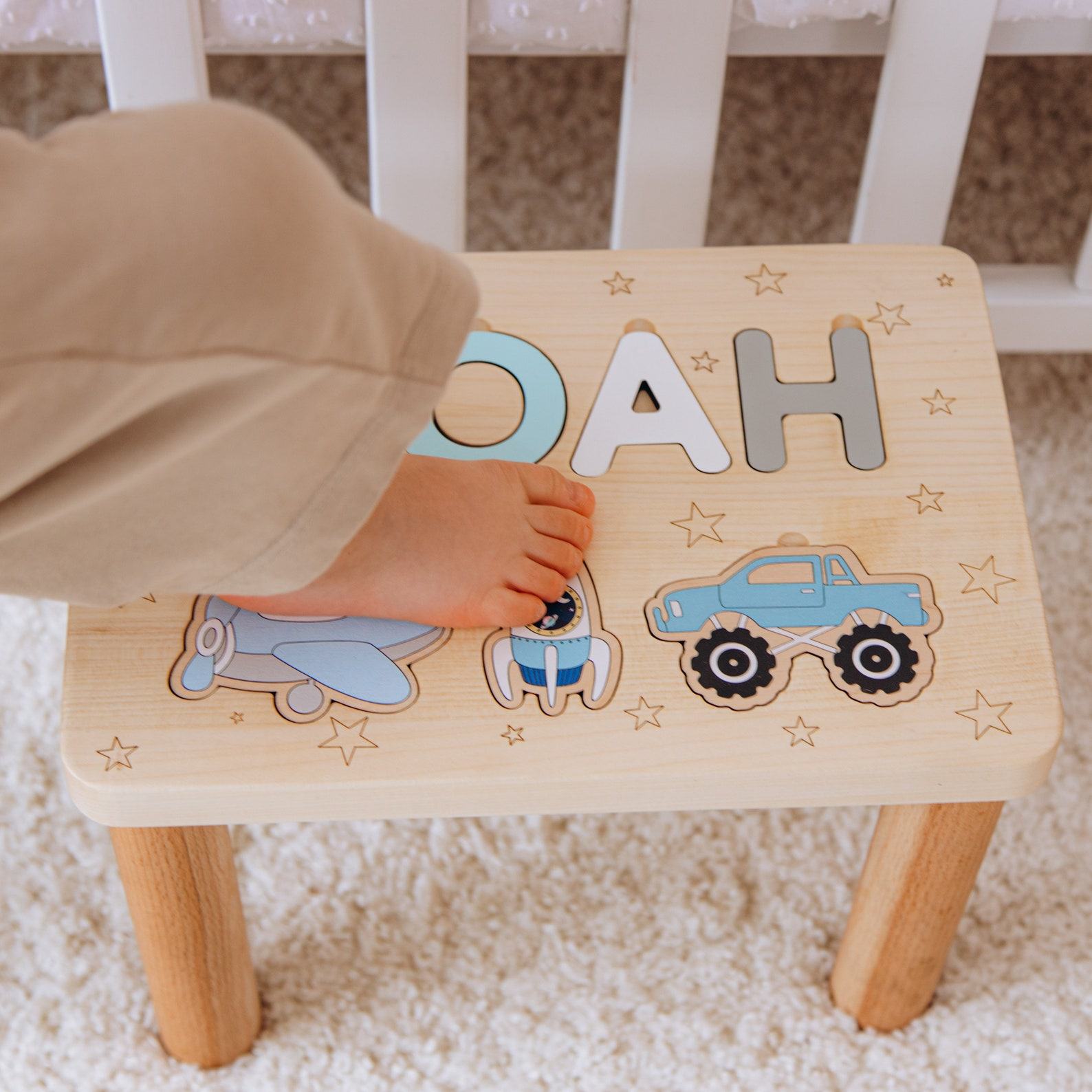 Personalized Name Step Stool Montessori Toy, Nursery Decor, Toddler Item, Baptism Boy Item, Name Puzzle with Cars and Planes