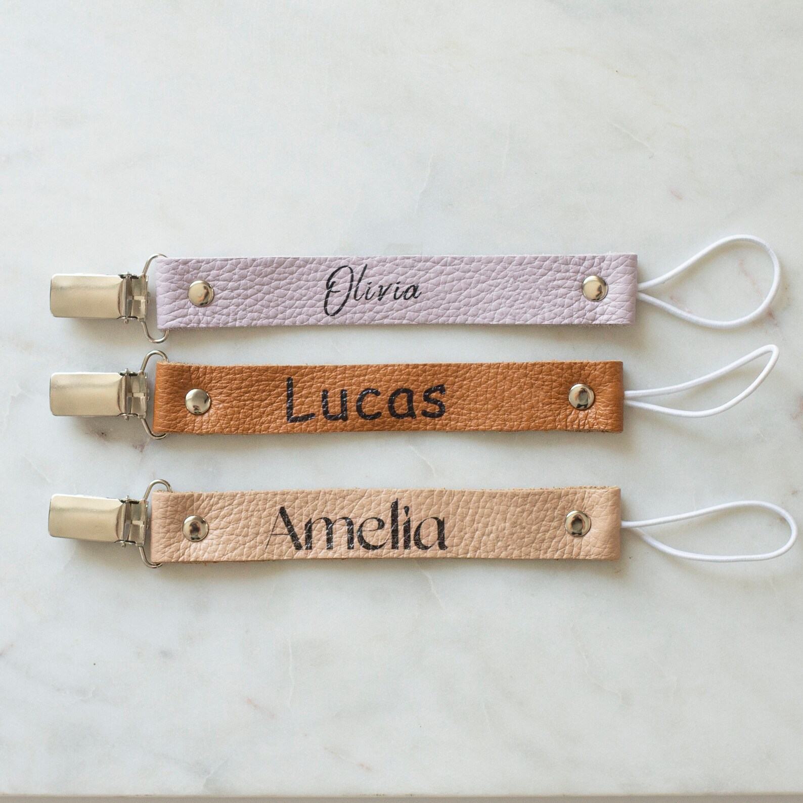 Personalized Pacifier Clip Custom Name, Leather Holder, Baby Dummy Chain