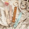 Personalized Pacifier Clip Custom Name, Leather Holder, Baby Dummy Chain