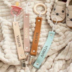 Personalized Pacifier Clip Custom Name, Leather Holder, Baby Dummy Chain