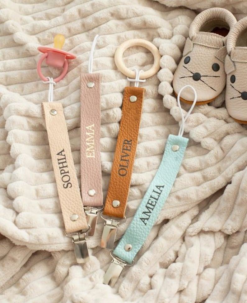 Personalized Pacifier Clip Custom Name, Leather Holder, Baby Dummy Chain
