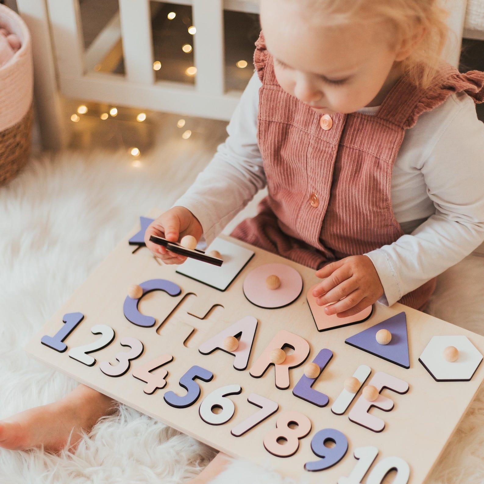 Personalized Pastel Name Puzzle  Montessori Wooden Toy with Numbers – Baby Shower Present