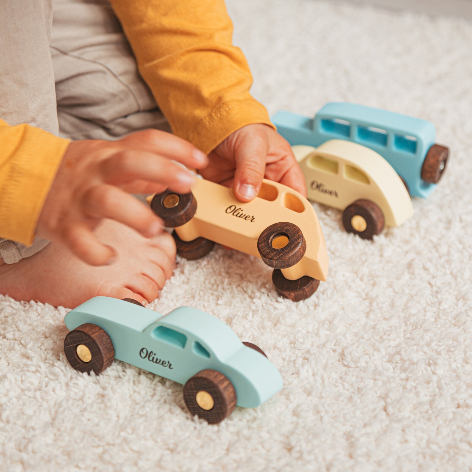 Personalized Pastel Wooden Cars – Easter, Birthday Present for 1-3 Year Olds – Custom Name Track Toys