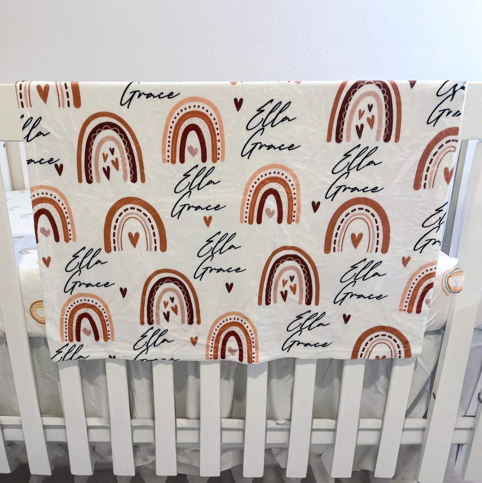 Personalized Rainbow and Heart Baby Blanket A Boho-Chic Keepsake for Your Little One