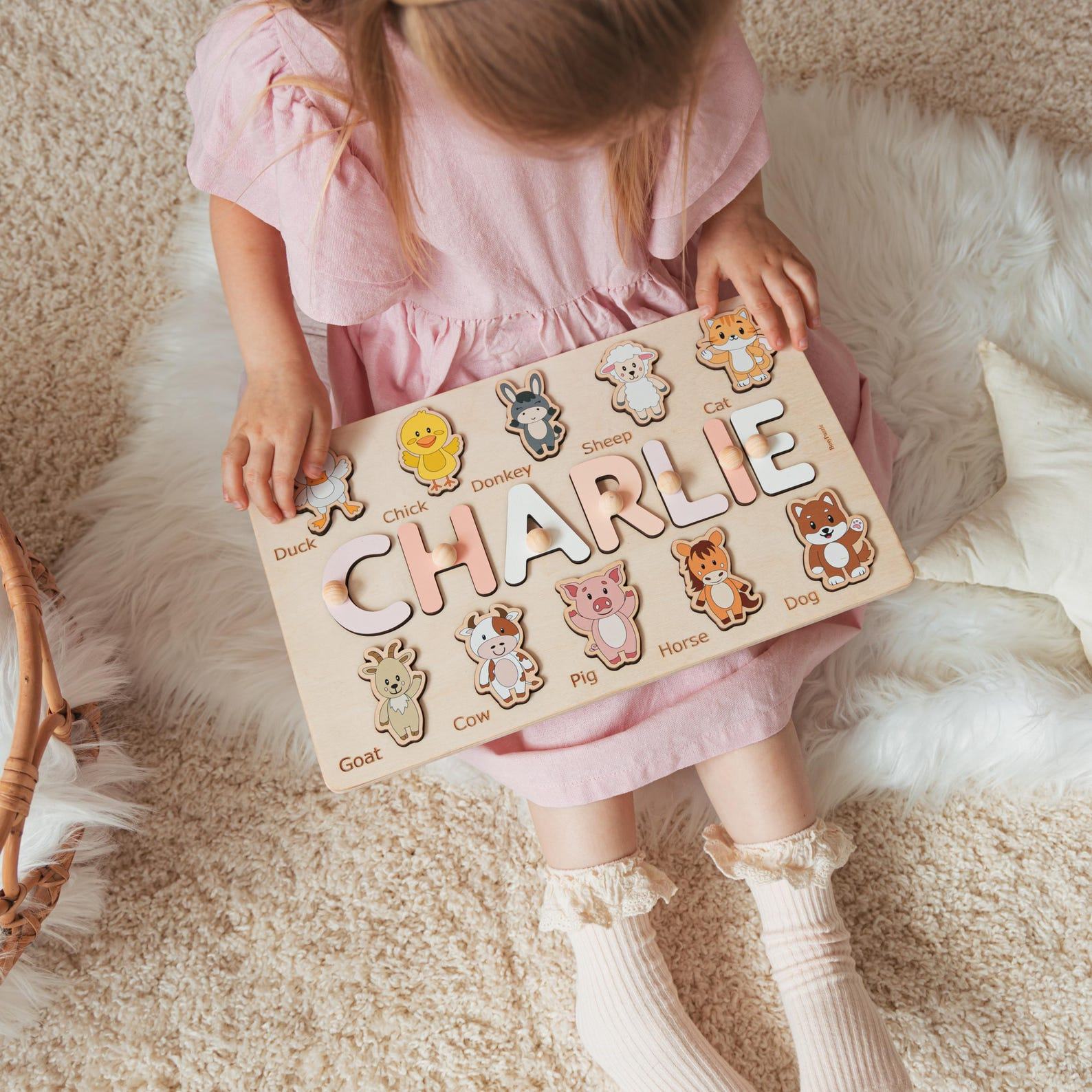 Personalized Safari Animal Name Puzzle – Wooden Toy for Toddlers 2+, Easter & Baby Present