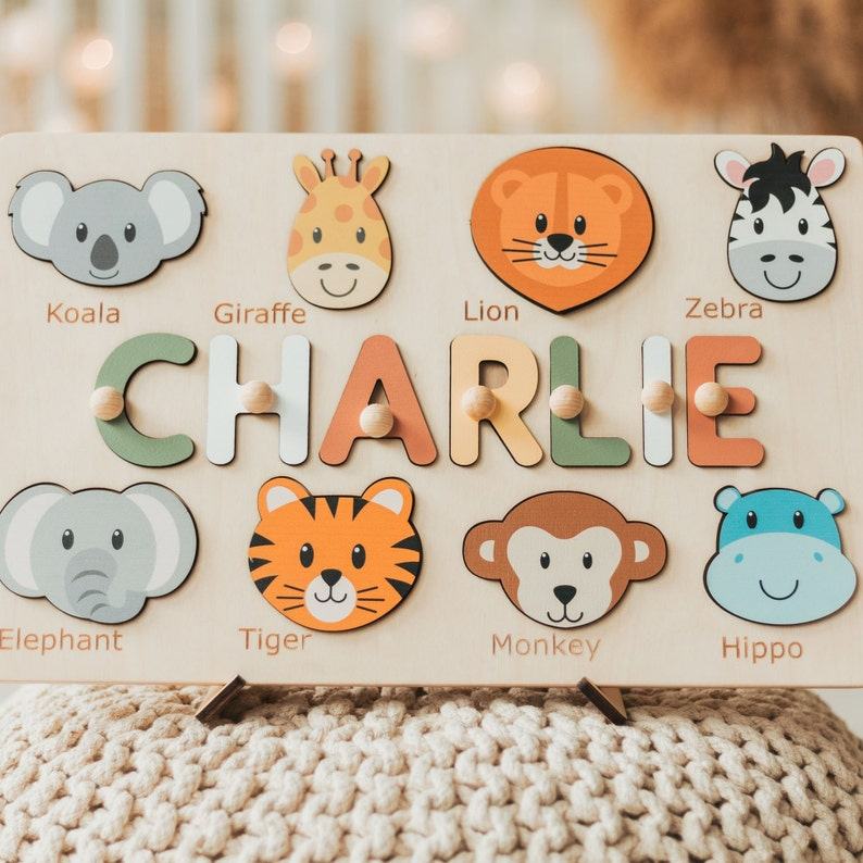 Personalized Safari Animal Name Puzzle Educational Montessori Toy for Toddlers, Custom Baby Shower or First Christmas Item
