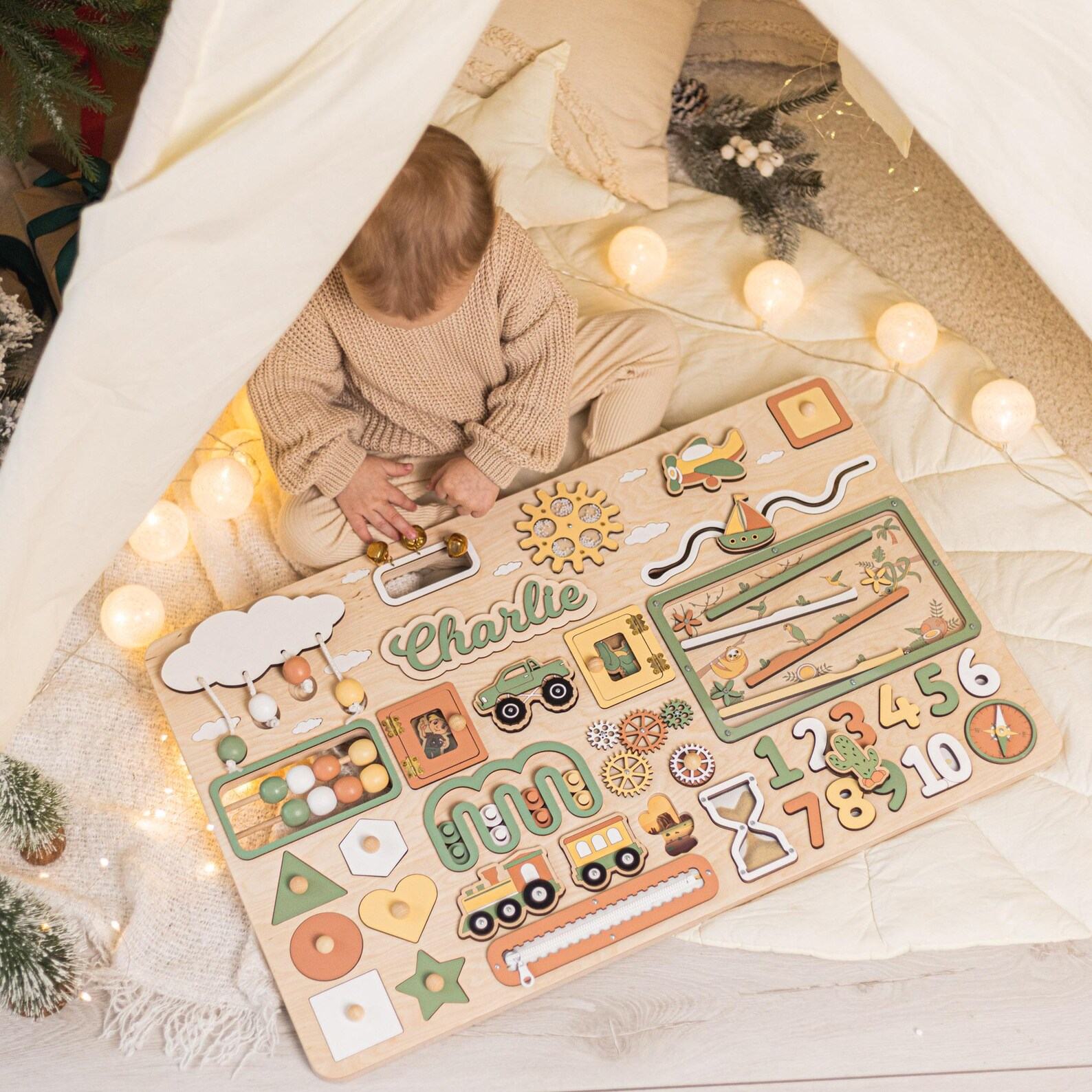 Personalized Sensory Busy Board – Montessori Toy for Toddlers | 1st Birthday & Baby Shower Present