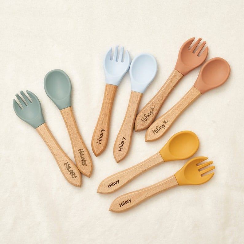 Personalized Silicone Baby Spoon & Fork Set – Safe First Feeding Utensils – Baby Shower Present