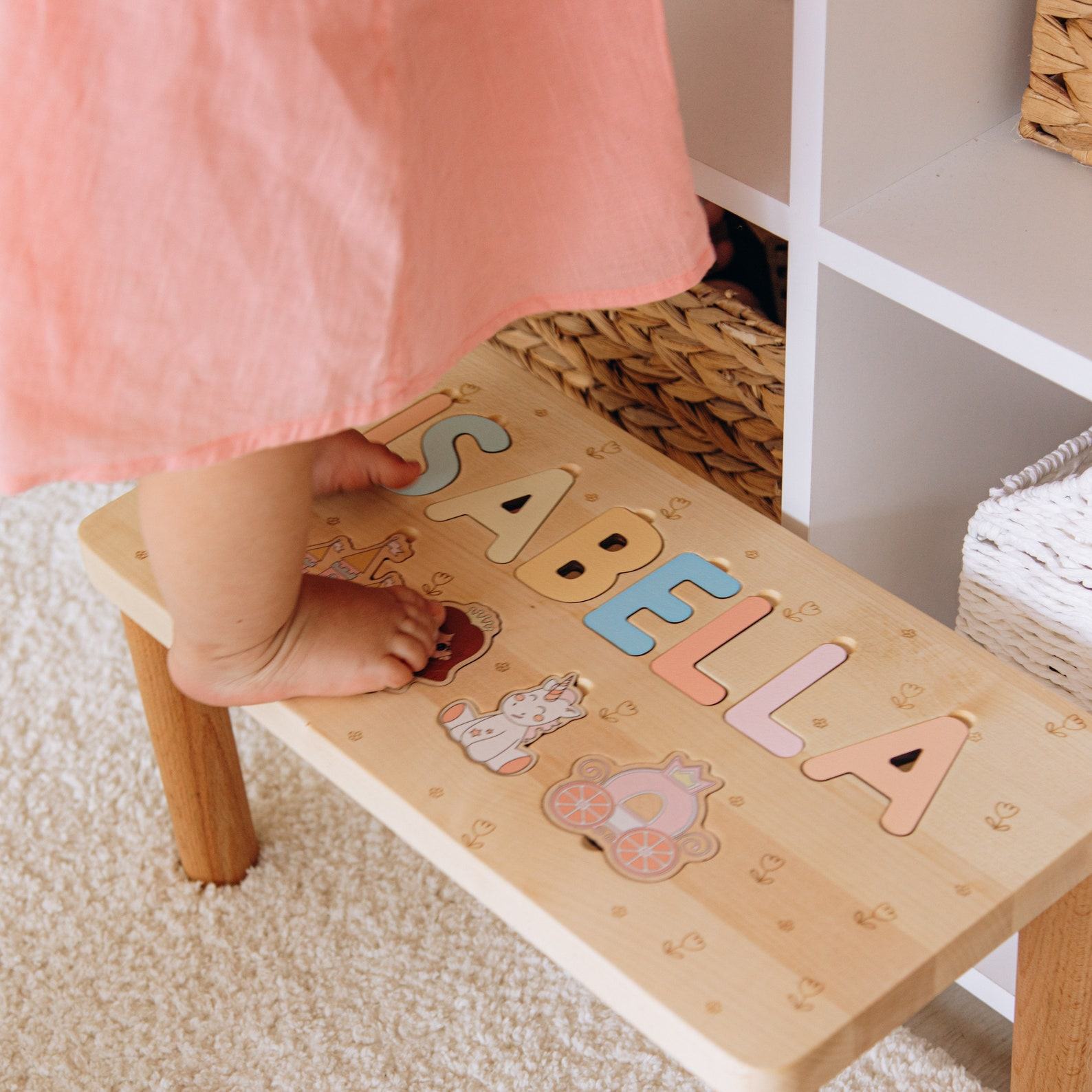 Personalized Toddler Step Stool – Custom Name Puzzle, Engraved Wooden Present for Kids