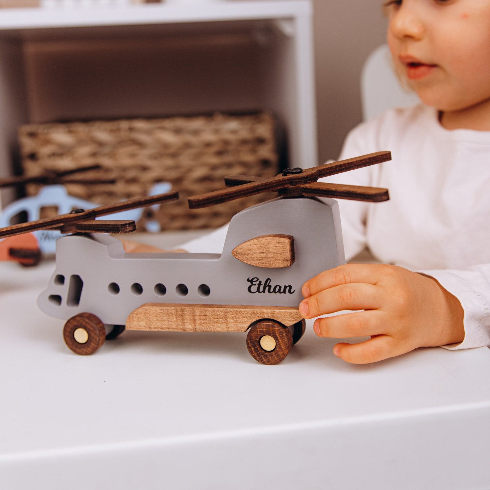 Personalized Wooden Airplane Toy – Montessori Plane for Kids 3+ – Custom Name, Handmade Baby Present & Easter Basket Stuffer