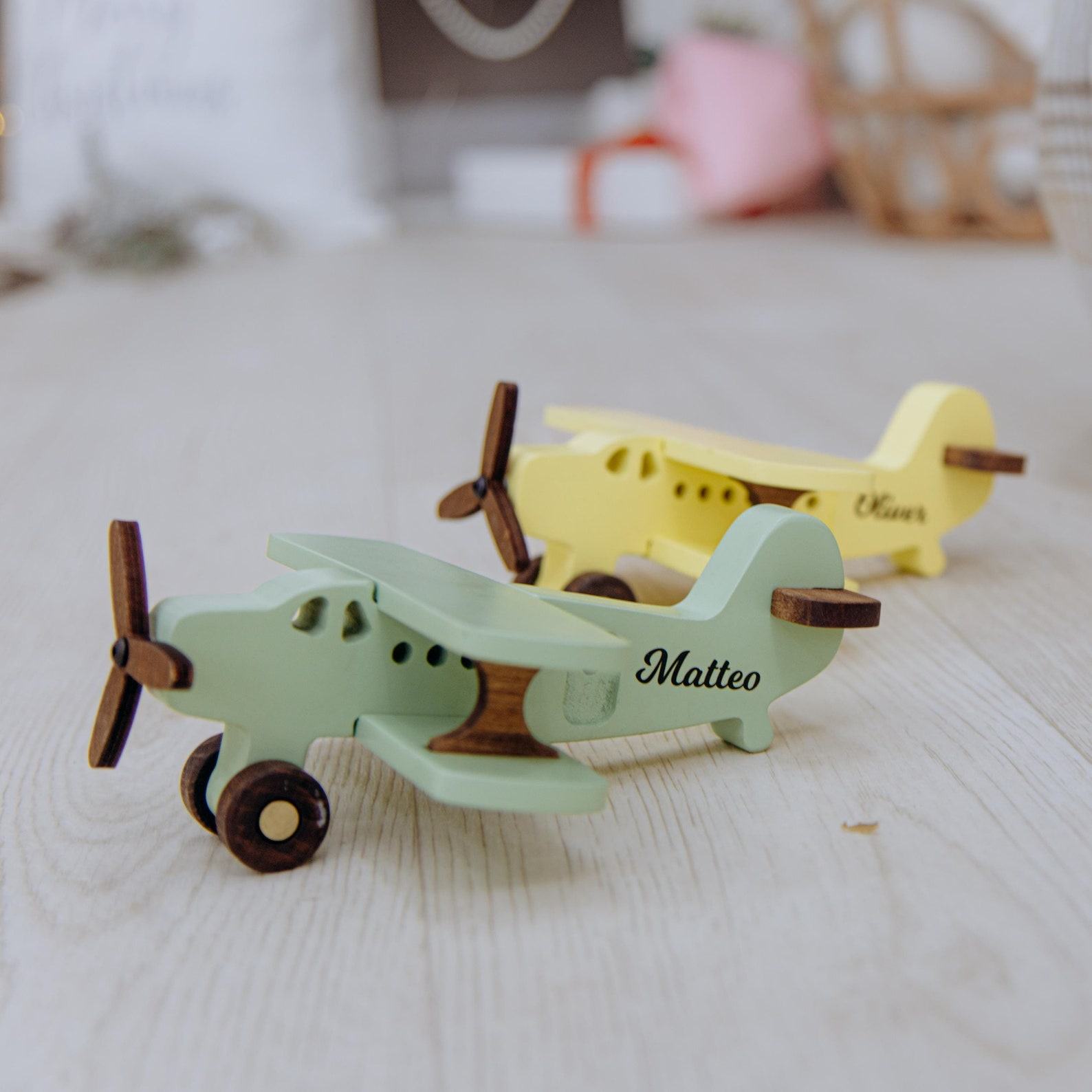Personalized Wooden Airplane Toy – Montessori Sensory Plane for Toddlers – Handmade First Birthday Present