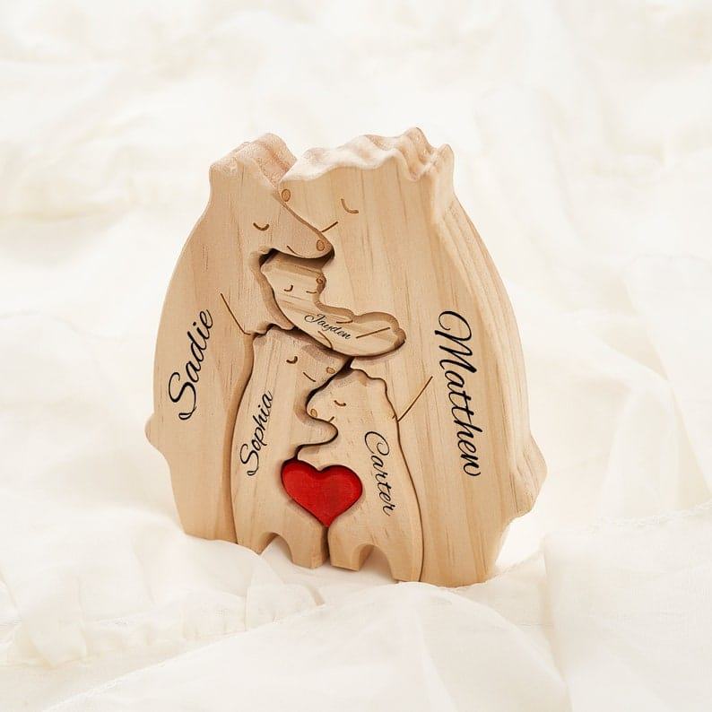 Personalized Wooden Bear Family Puzzle – Engraved Name Keepsake Present for Parents & Kids