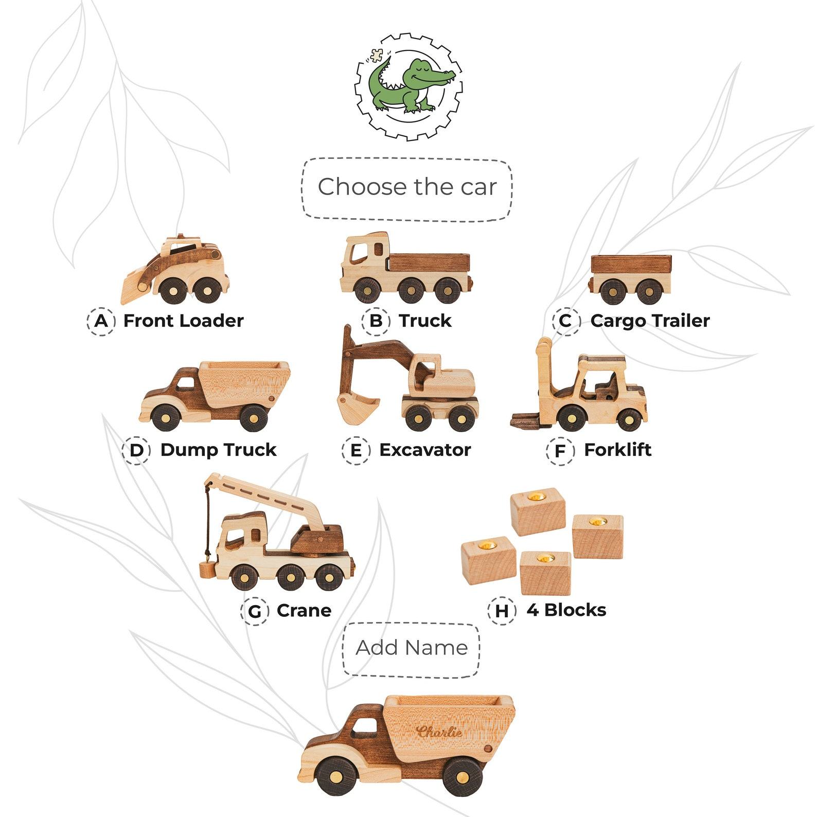 Personalized Wooden Construction Vehicle Set – Custom Name Birthday Present for Kids – Sensory & Pretend Play