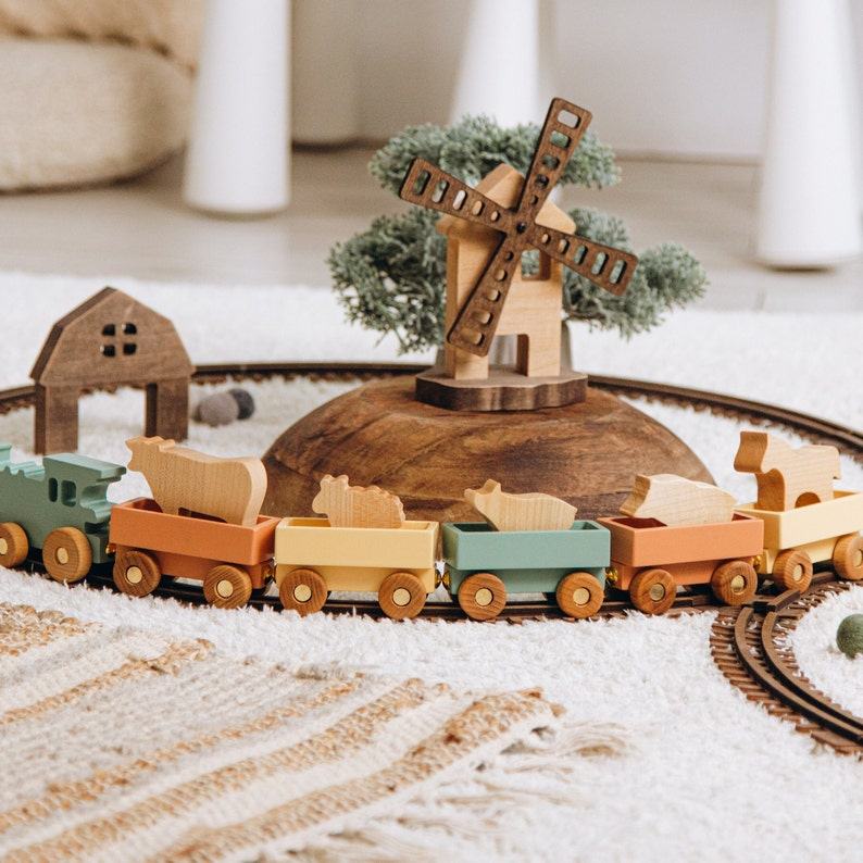 Personalized Wooden Farmer Train with Animals A Sensory and Educational Adventure for Toddlers