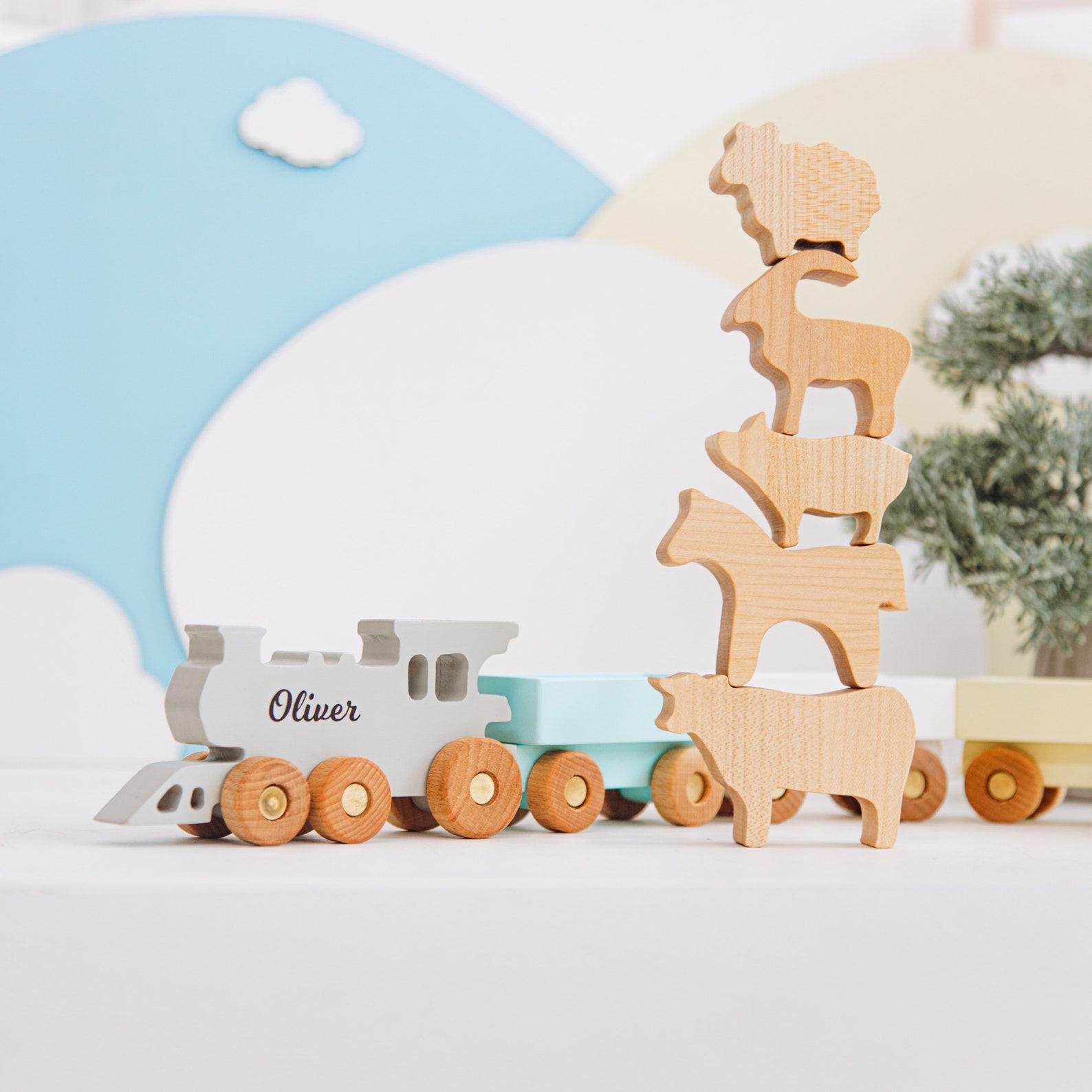 Personalized Wooden Farmer Train with Animals A Sensory and Educational Adventure for Toddlers