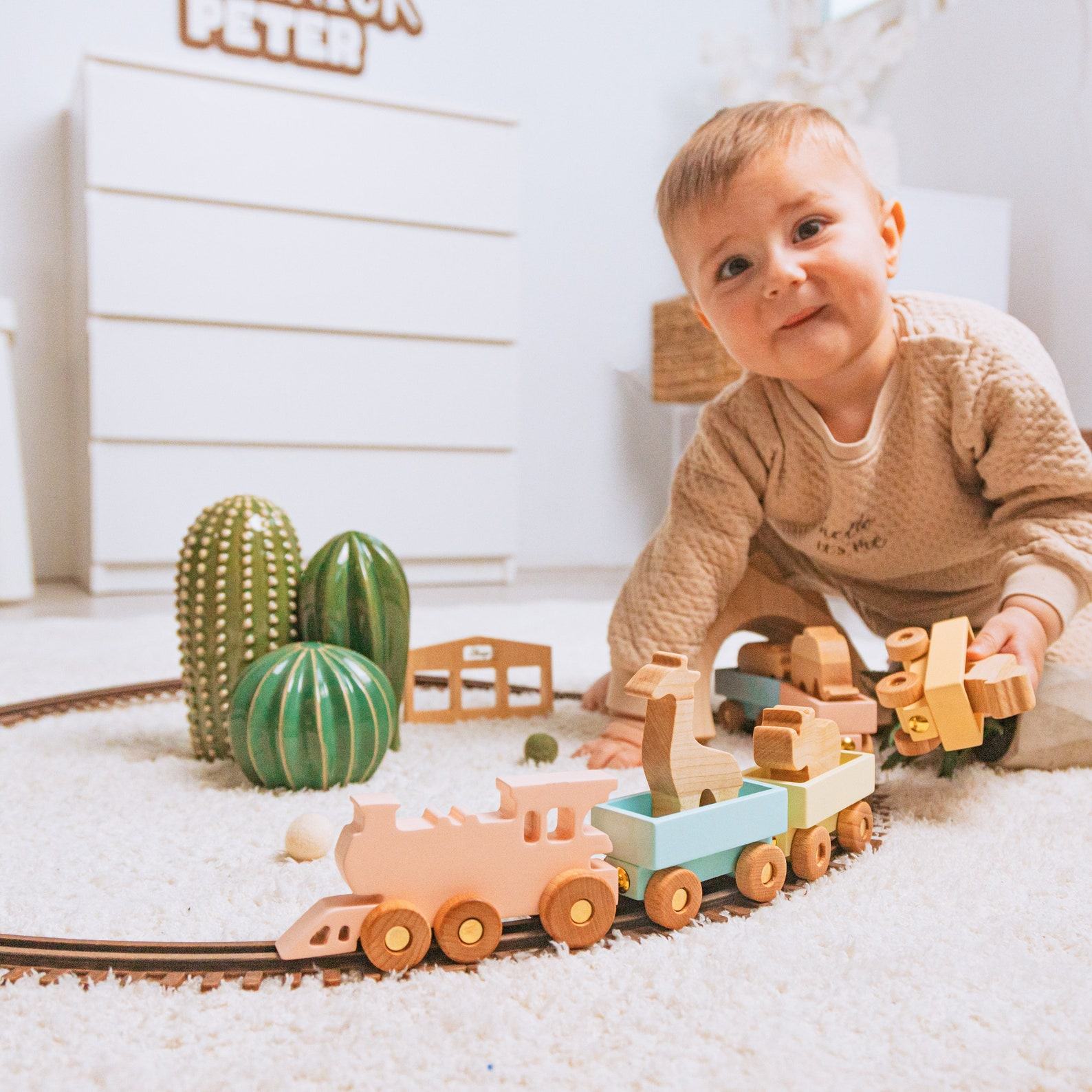 Personalized Wooden Farmer Train with Animals A Sensory and Educational Adventure for Toddlers
