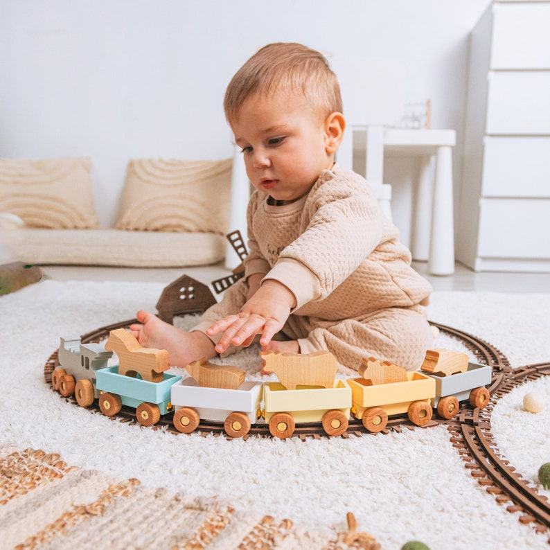 Personalized Wooden Freight Train with Animal Figurines A Delightful Toy for Toddlers and Kids