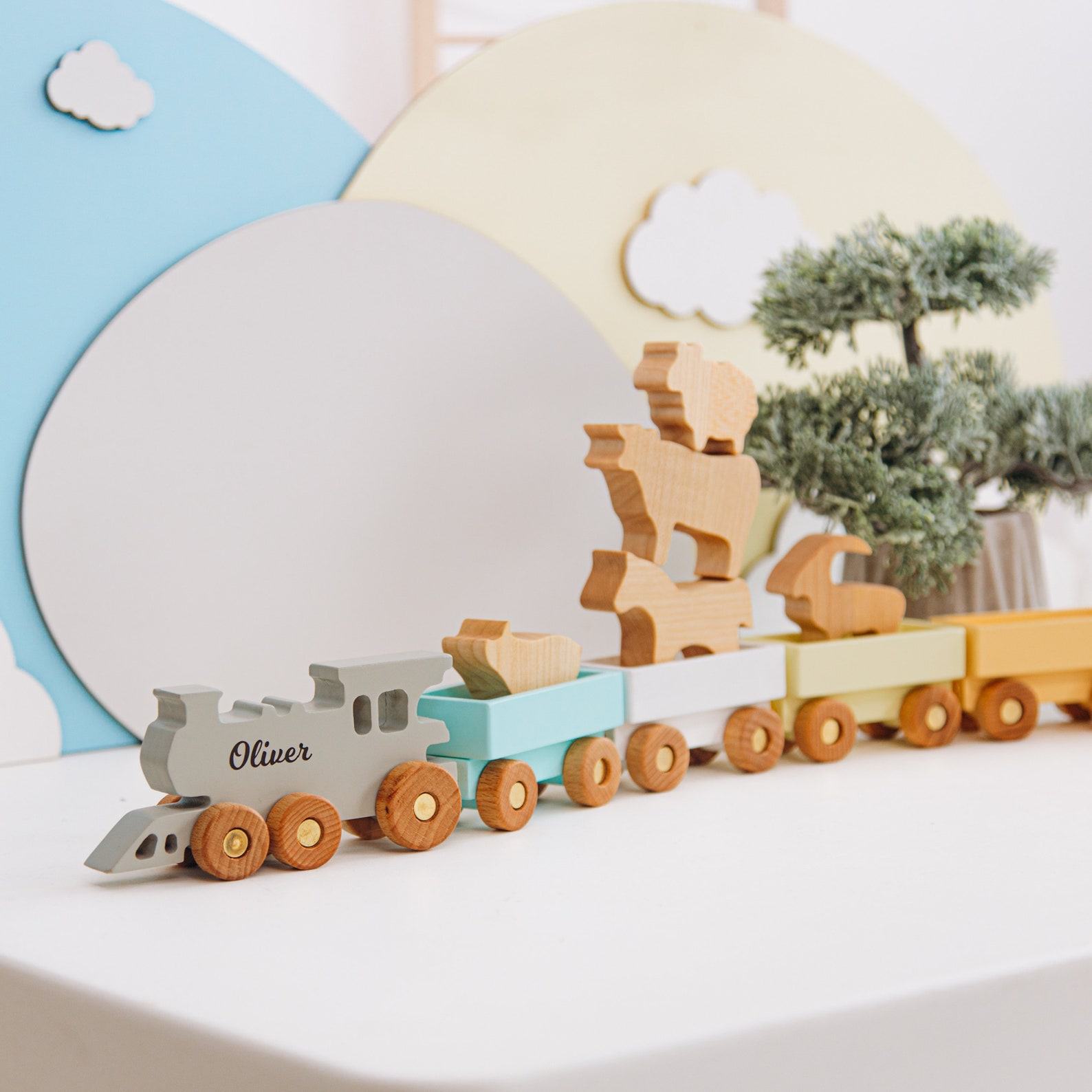 Personalized Wooden Freight Train with Animal Figurines A Delightful Toy for Toddlers and Kids