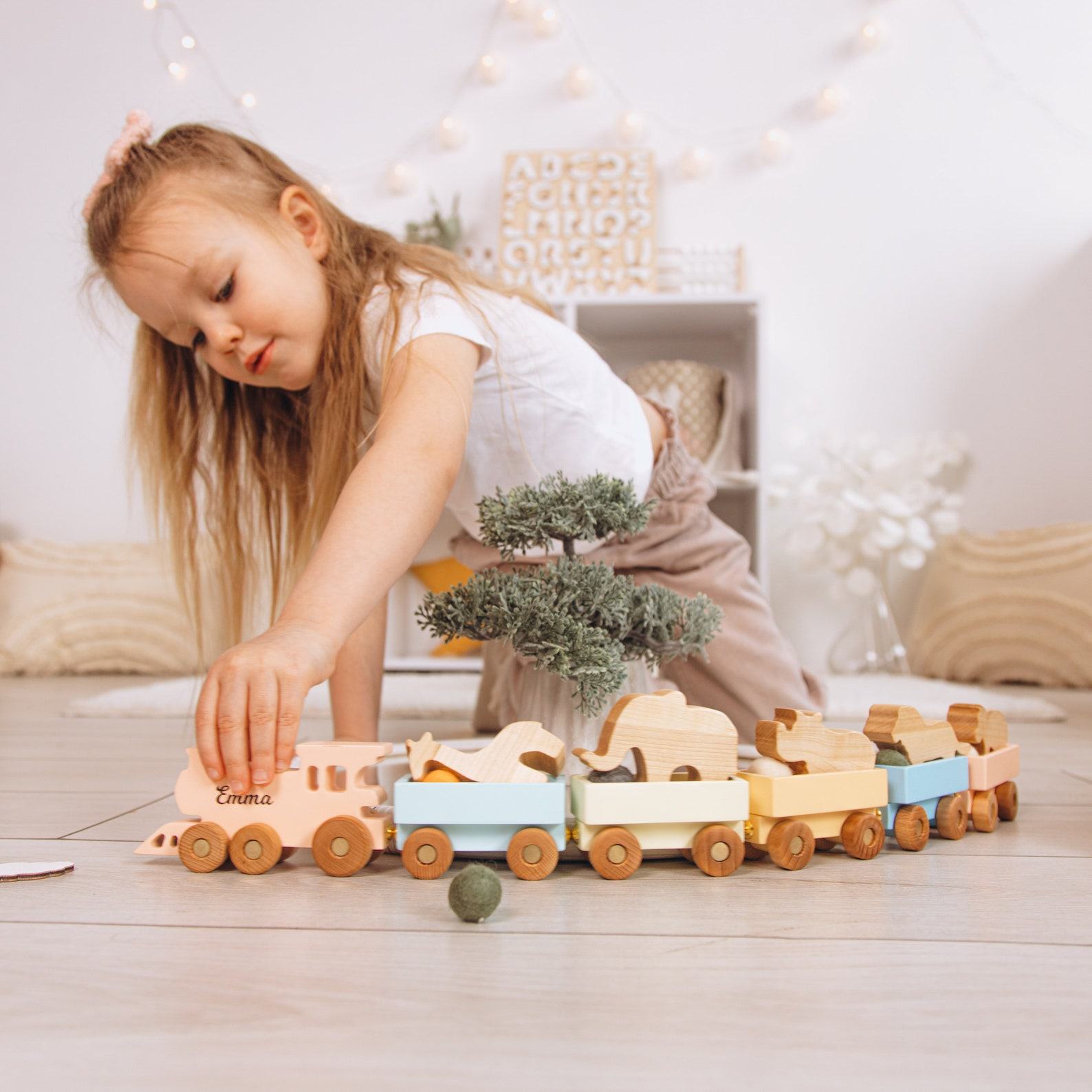 Personalized Wooden Freight Train with Animal Figurines A Delightful Toy for Toddlers and Kids