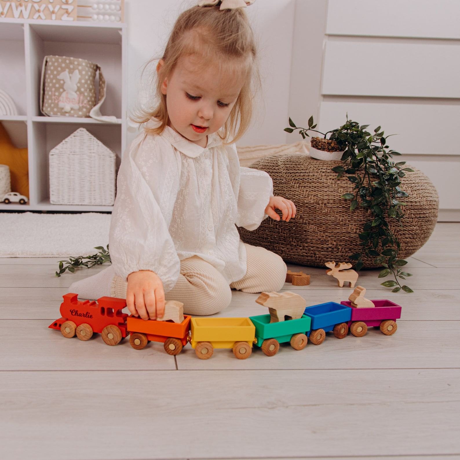 Personalized Wooden Freight Train with Farm Animals for Toddlers Sensory Play, Birthday, Christmas, and Pretend Play