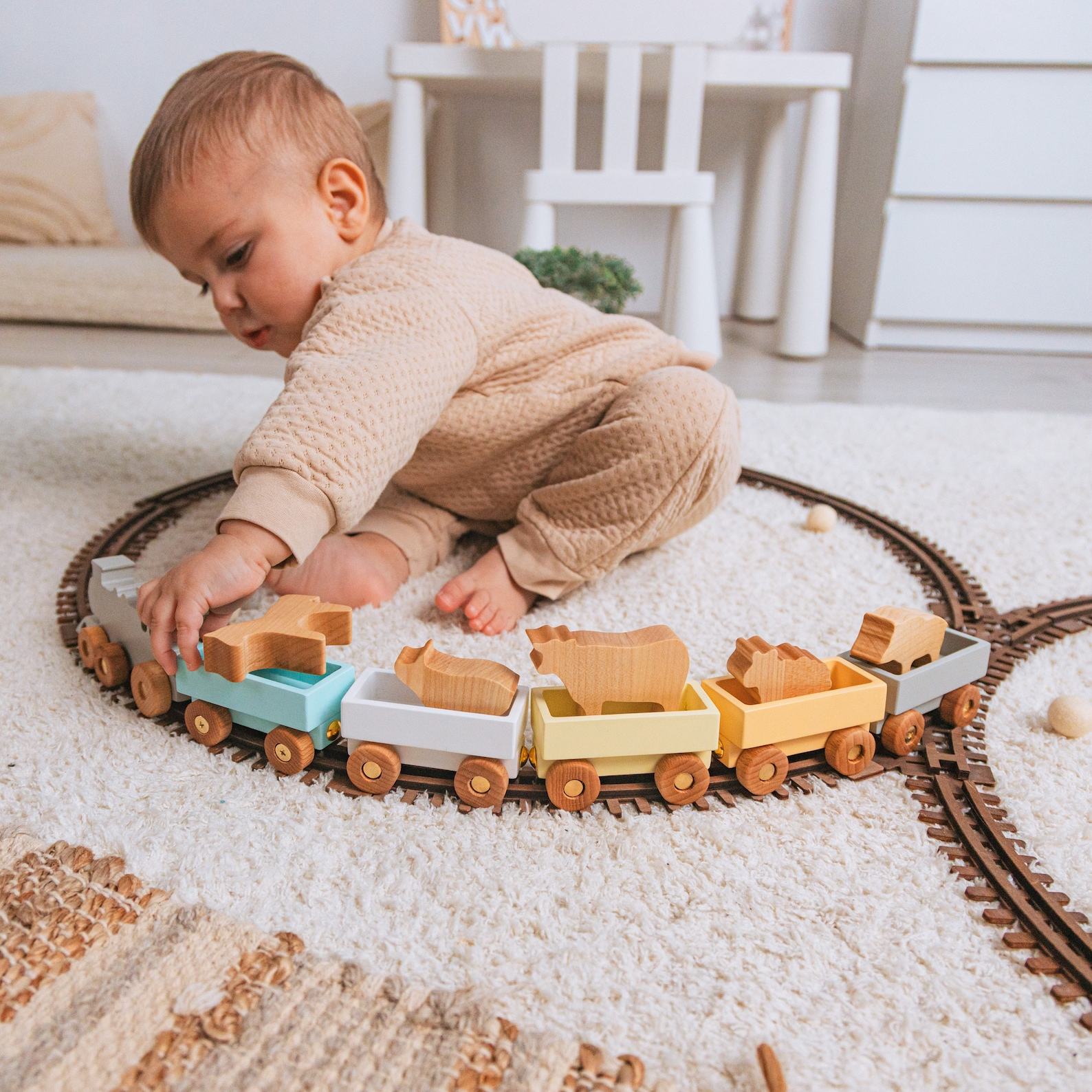 Personalized Wooden Freight Train with Farm Animals for Toddlers Sensory Play, Birthday, Christmas, and Pretend Play