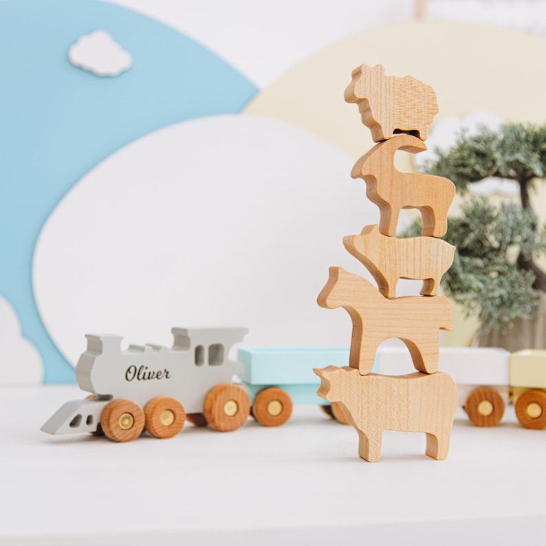 Personalized Wooden Freight Train with Farm Animals for Toddlers Sensory Play, Birthday, Christmas, and Pretend Play