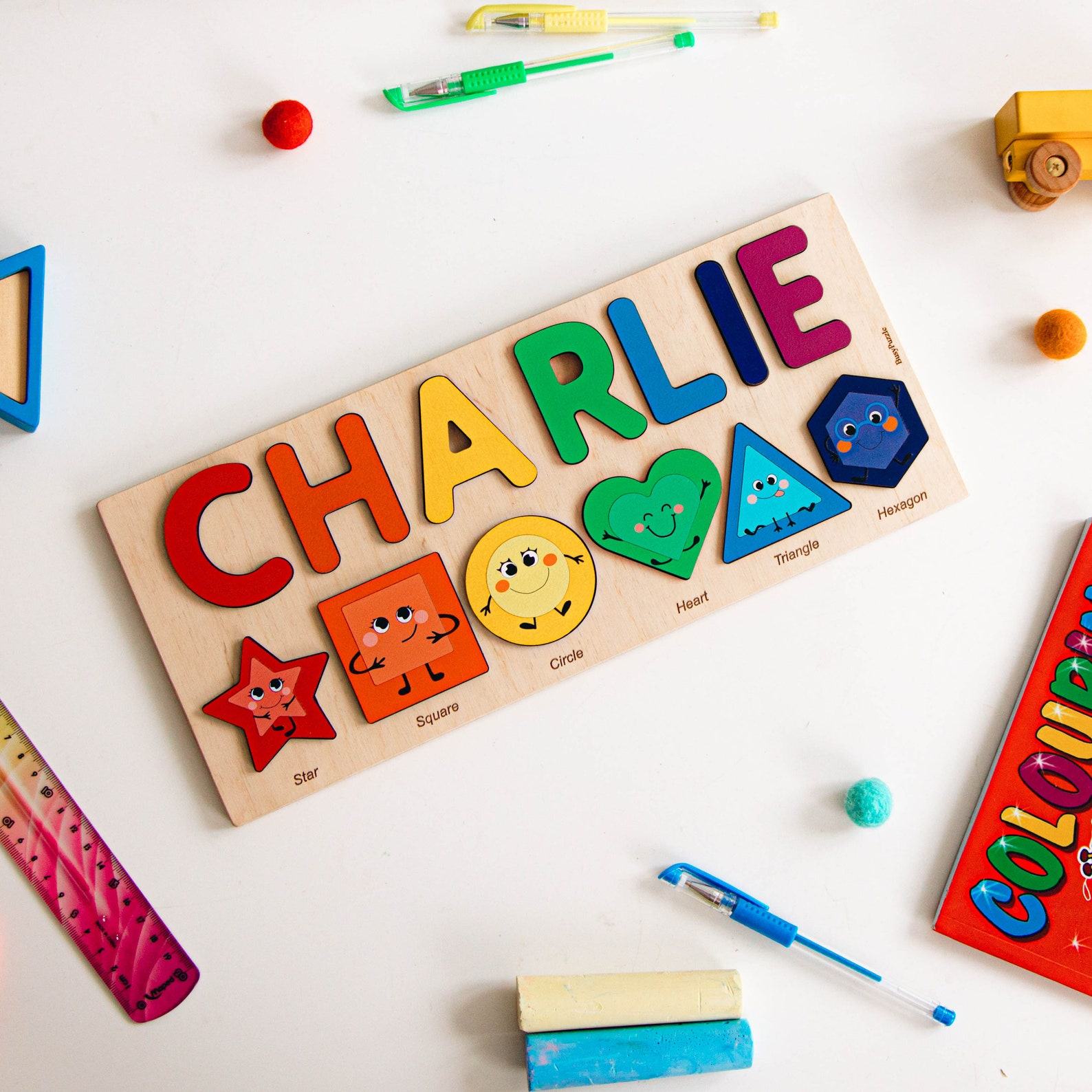 Personalized Wooden Name Puzzle – Shapes, Numbers, & Birthday Present for Toddlers