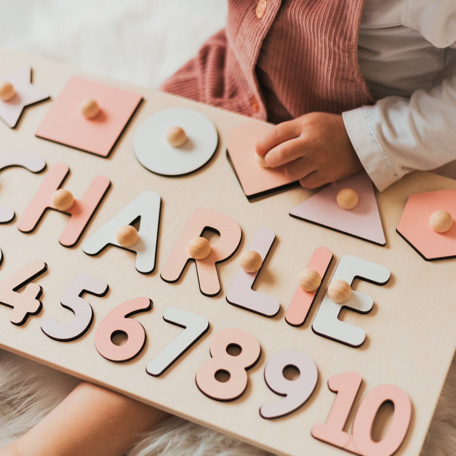 Personalized Wooden Name Puzzle  Montessori Toys for Baby Girl, Shapes & Numbers – Back to School Present
