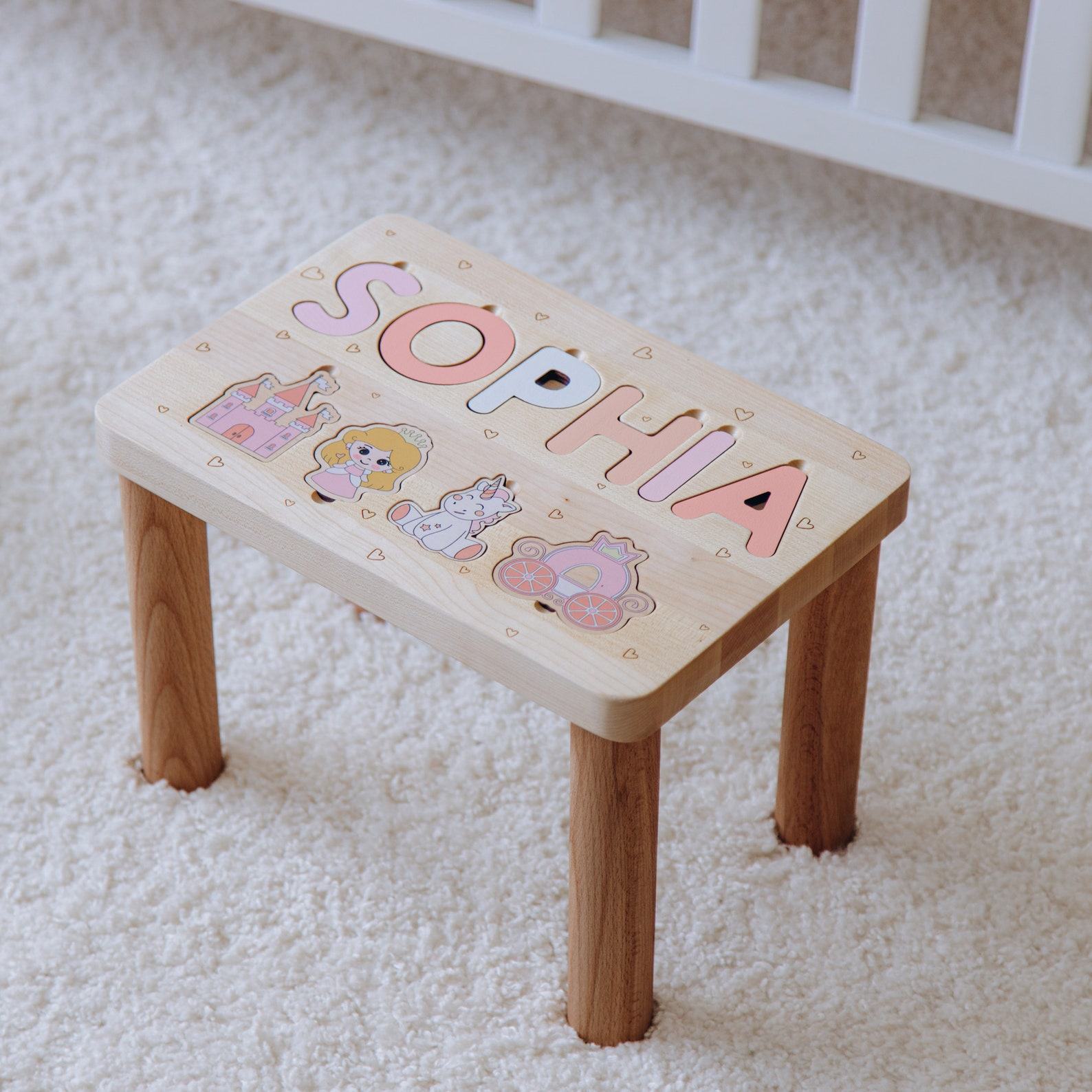 Personalized Wooden Name Puzzle Stool – Eco-Friendly Present for Toddlers 1-3 Years – Baptism & 1st Birthday