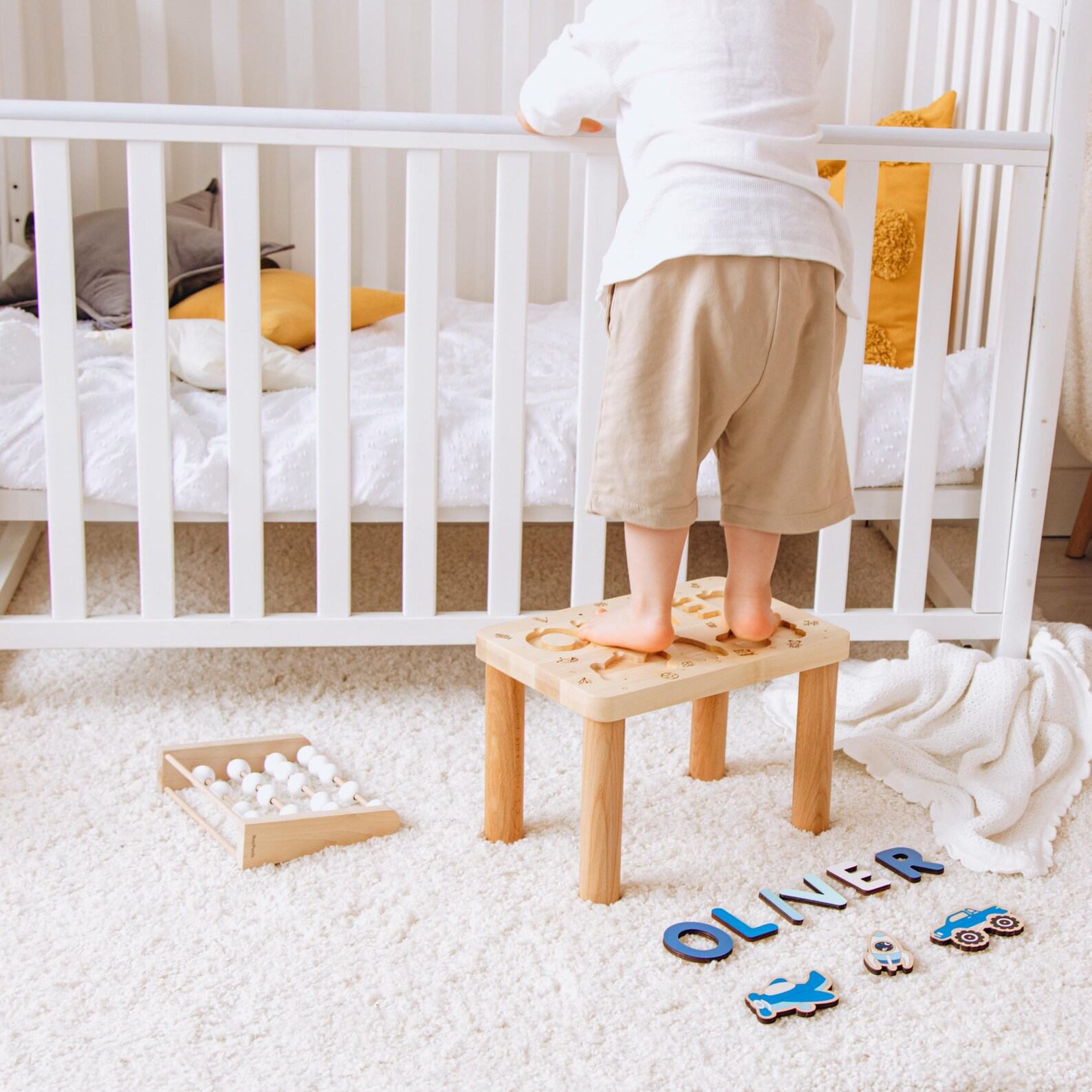 Personalized Wooden Name Puzzle Stool – Montessori Toddler Step Stool – Easter Present for 1-3 Year Olds