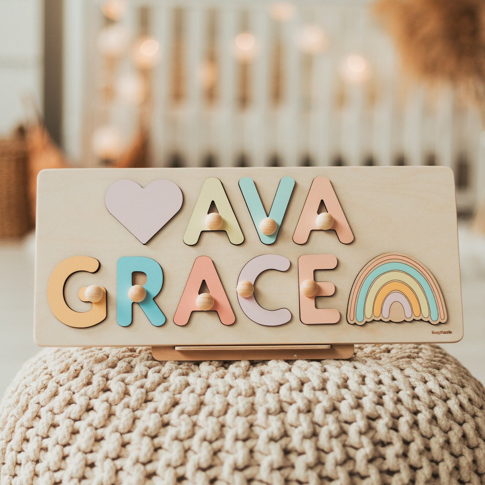 Personalized Wooden Name Puzzle with Pegs – Custom Baby & Toddler Present – Nursery Decor – First Birthday