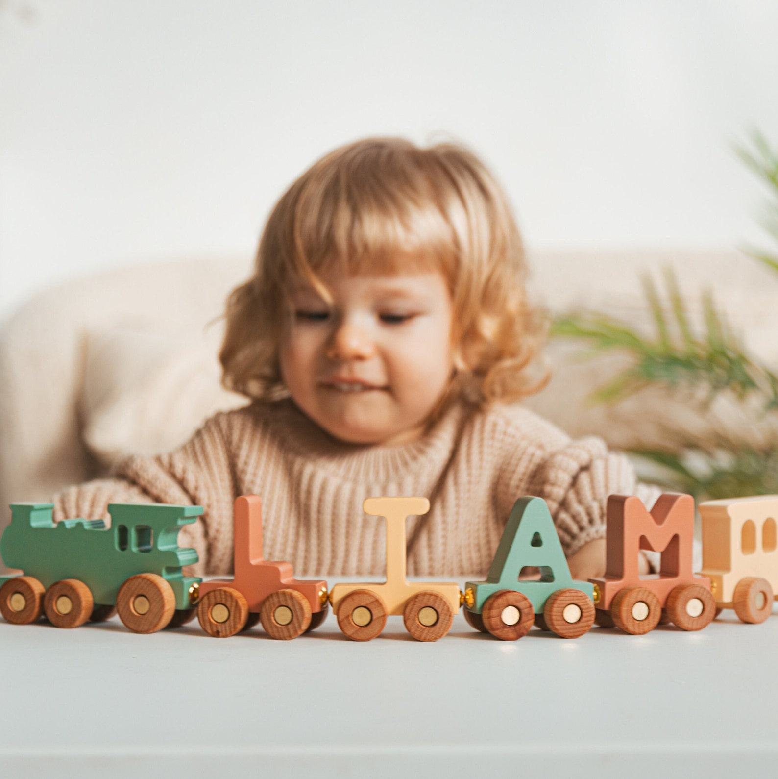 Personalized Wooden Name Train Set – Magnetic Letters, Engine & Caboose – Toddler Toy Present