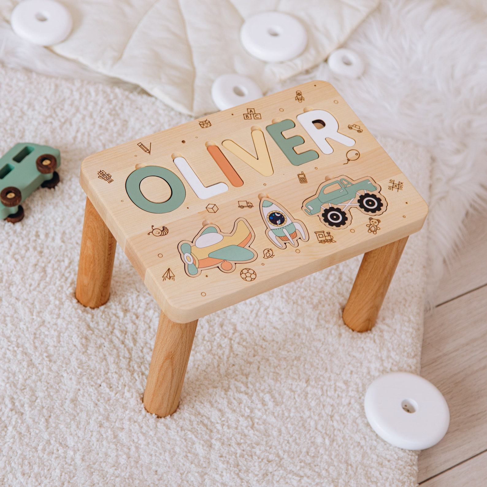 Personalized Wooden Step Stool Puzzle Montessori Toy for Toddlers, Kids Helper Chair, Custom Birthday Item