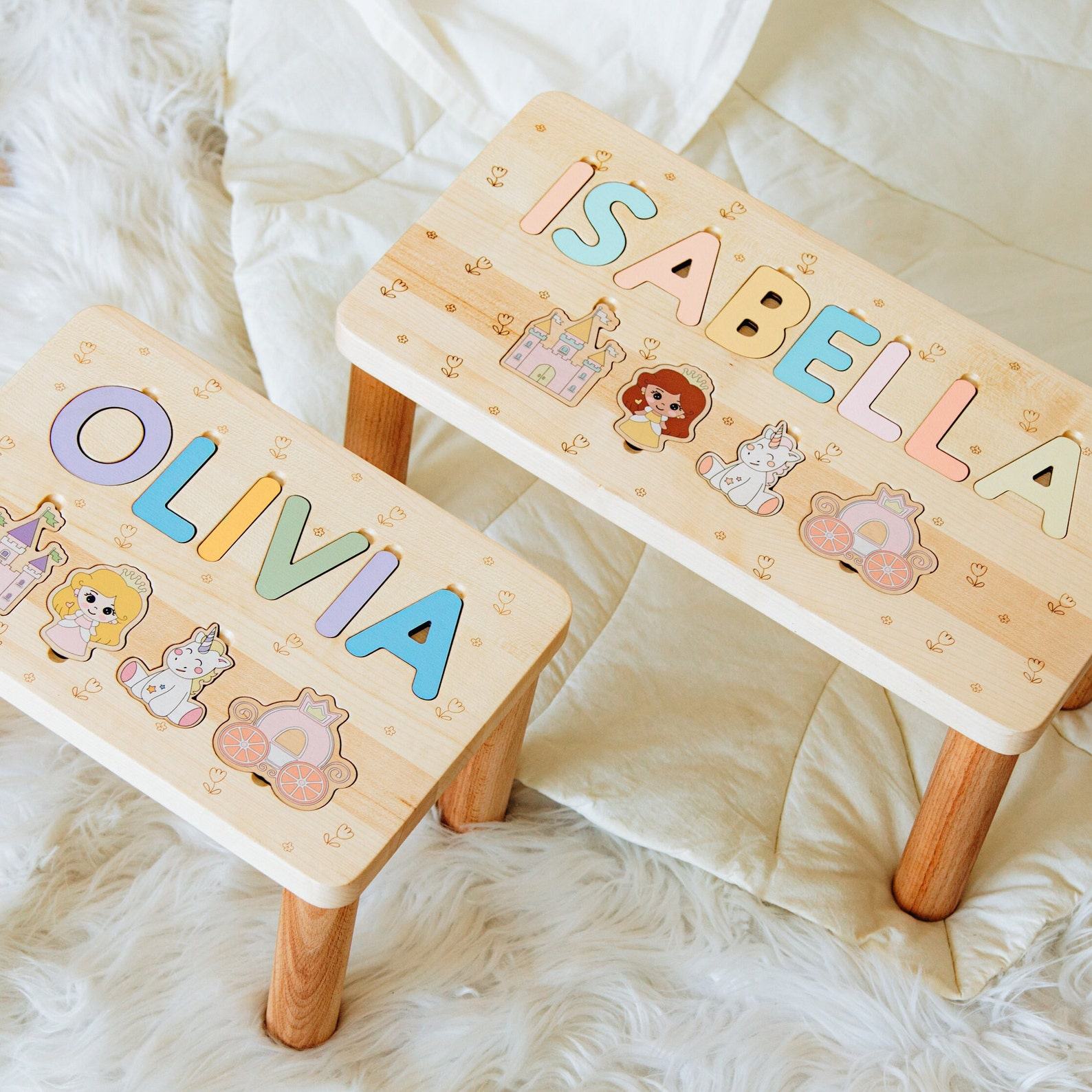 Personalized Wooden Step Stool Puzzle Montessori Toy for Toddlers, Kids Helper Chair, Custom Birthday Item