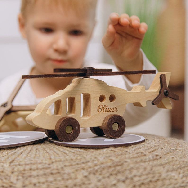 Personalized Wooden Toy Helicopter with Helipads A Unique Keepsake for Baby Boys and Toddlers