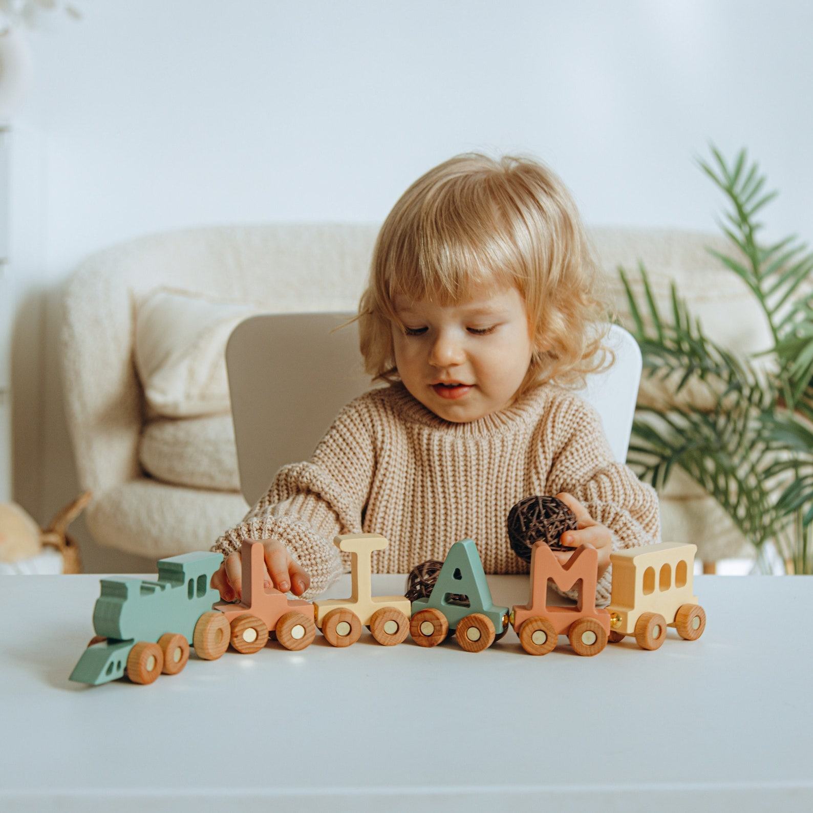 Personalized Wooden Train Set – Boho Name Train – Newborn Keepsake & Toddler Toy