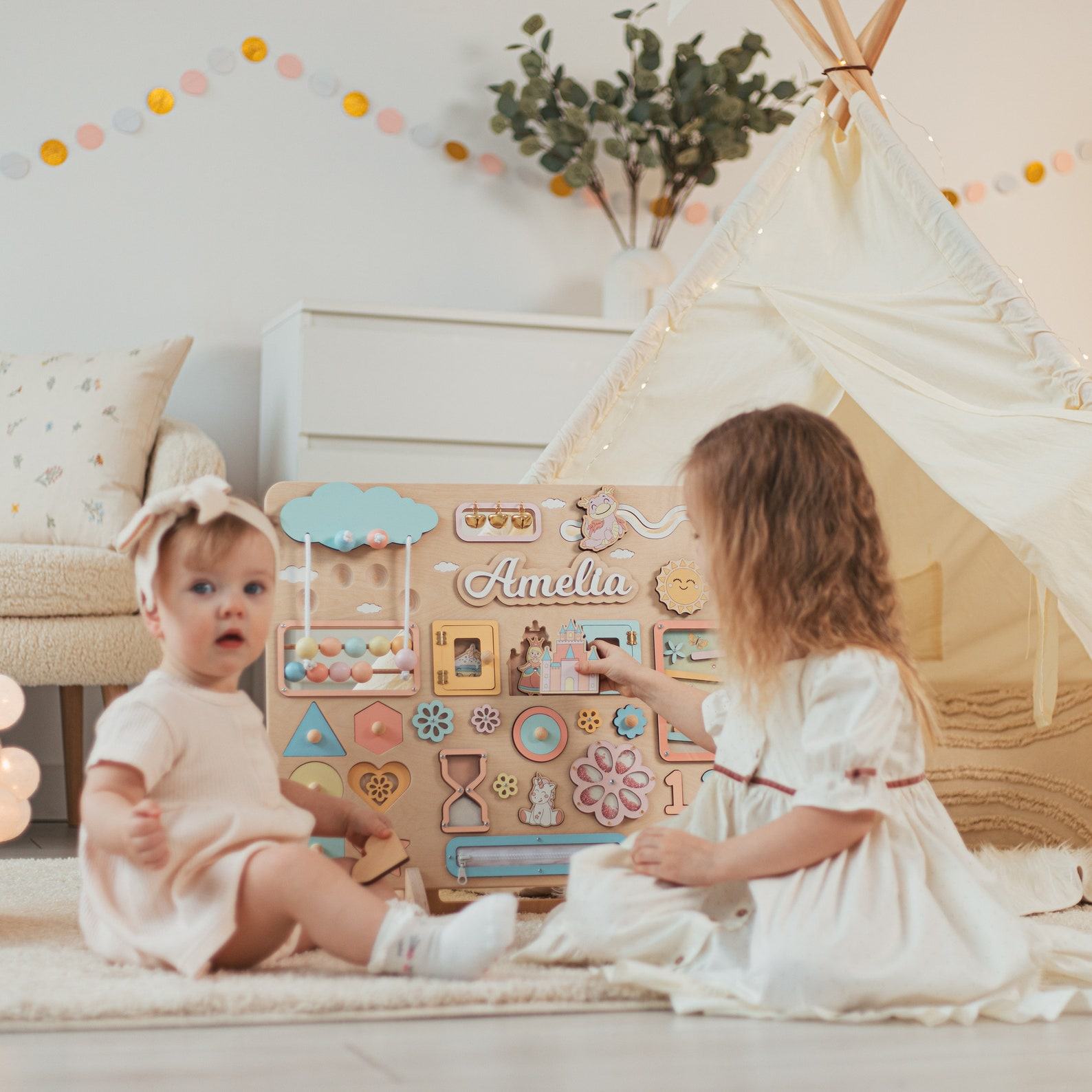 Personalized Woodland Busy Board Montessori-Inspired Sensory Toy for Baby Boys