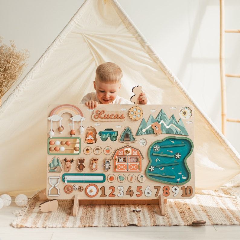 Personalized Woodland Busy Board Montessori-Inspired Sensory Toy for Baby Boys