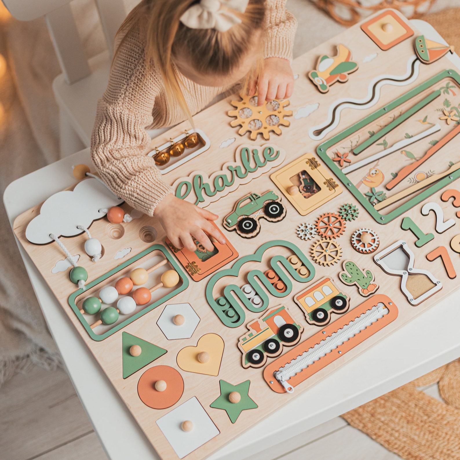 Personalized Woodland Busy Board Montessori-Inspired Sensory Toy for Baby Boys