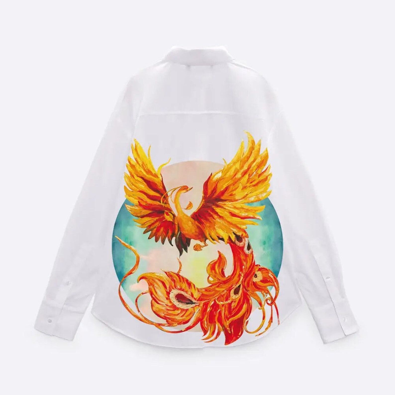 Phoenix-Embroidered Oversized White Cotton Shirt Elevate Your Office Style