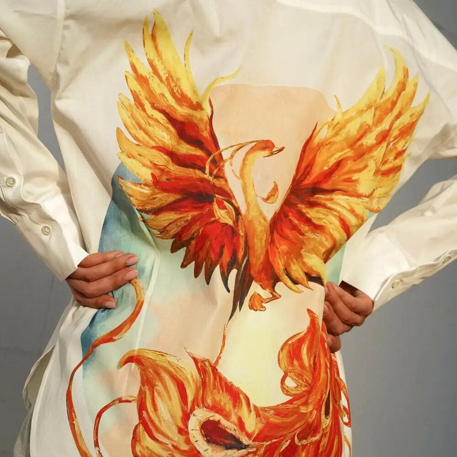 Phoenix-Embroidered Oversized White Cotton Shirt Elevate Your Office Style