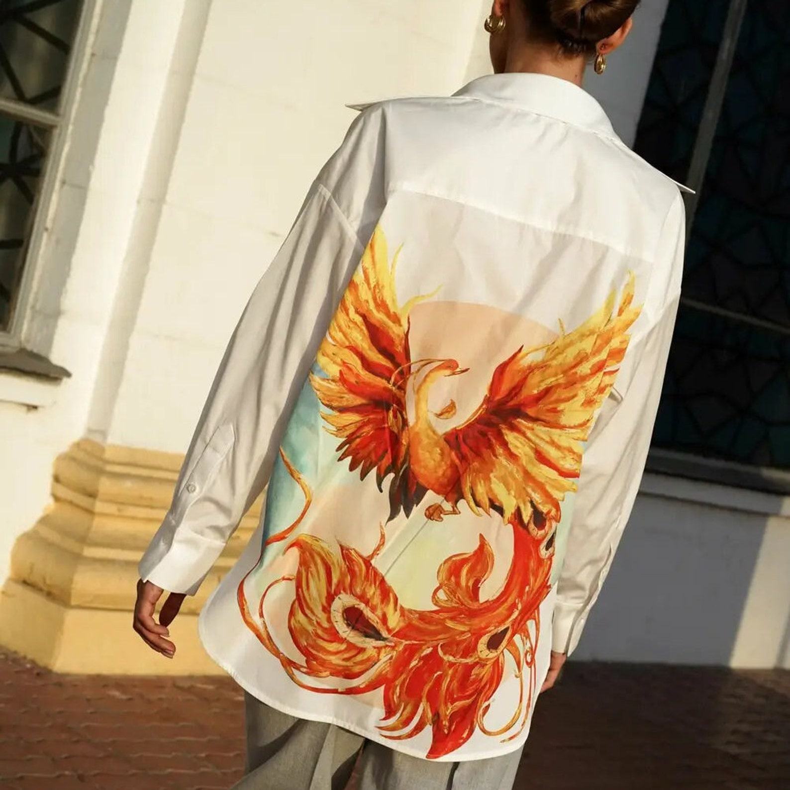 Phoenix-Embroidered Oversized White Cotton Shirt Elevate Your Office Style
